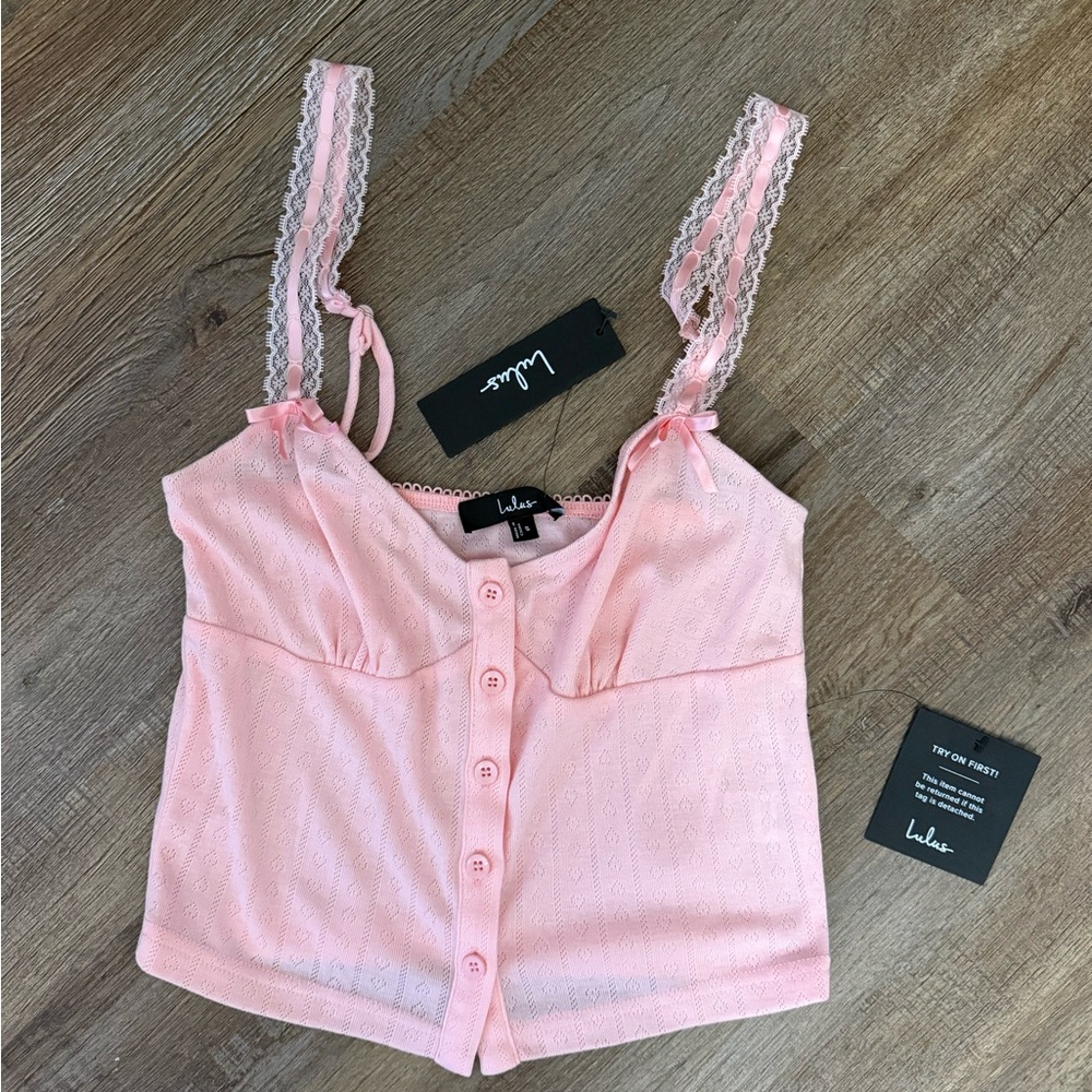 Lulus Pink Lace Button-Up Blouse